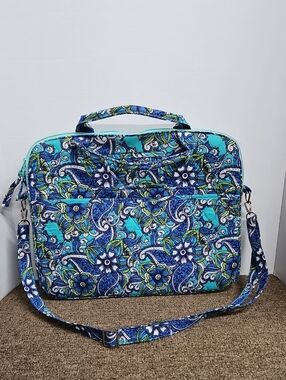 Quilted Floral Laptop Book Tote Bag Blue Turquoise Paisley Floral 16" x 13"